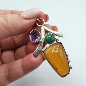 Large Artisan Sterling Amber Purple Sapphire Malachite Pendant Modernist Studio